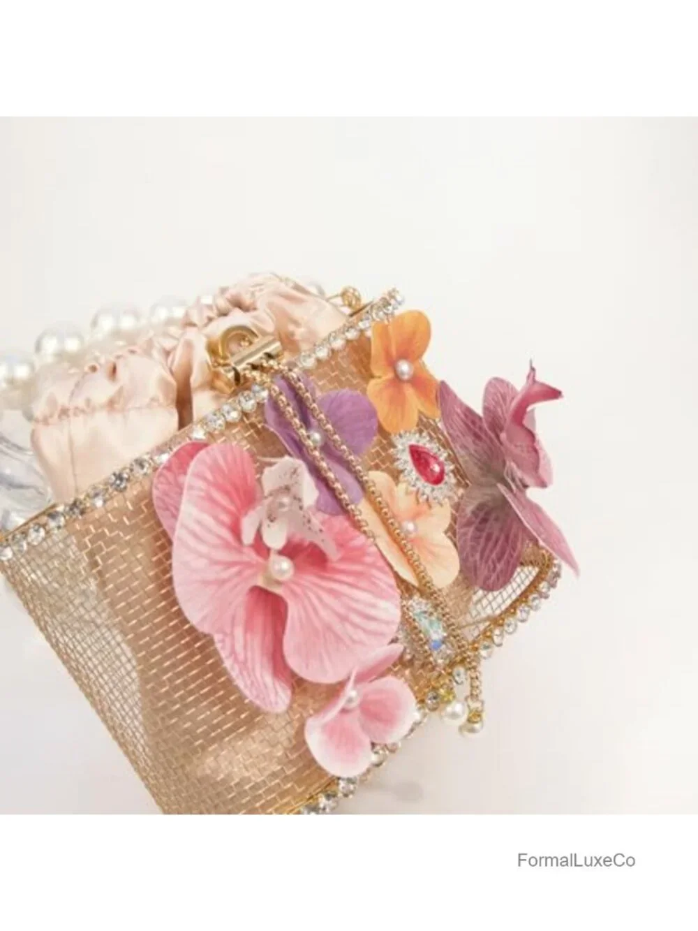 Evening Bag Flower Shaped Rhinestone Gold Metallic Bucket Crossbody Clutch Party